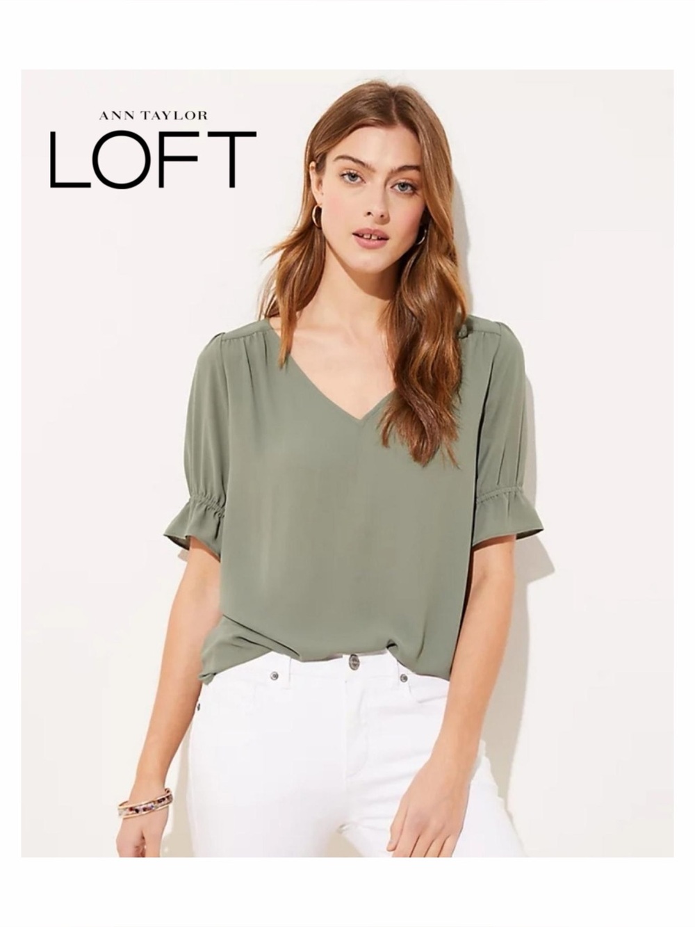 LOFT V-Neck Puff Sleeve Top in Eucalyptus Leaf Green size XS